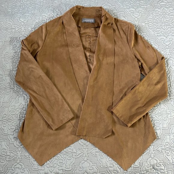 Lightweight, suede-like, beige jacket w/flared bottom, Size Small - Picture 2 of 12